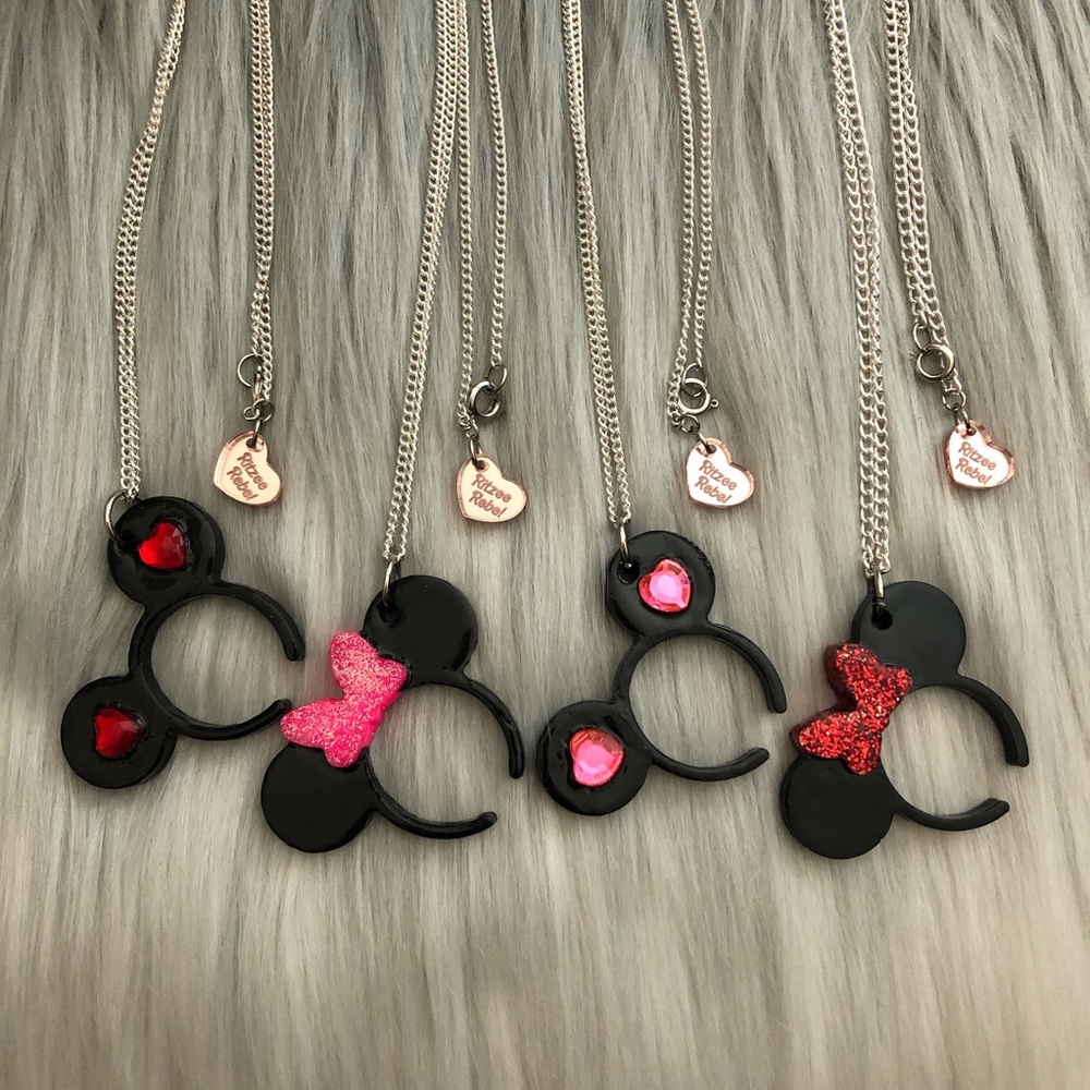 Ritzee Rebel Mouse Ears Resin Necklace - Valentine Heart Love